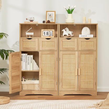 FANGSUM Rattan Storage Cabinet with 2 Drawers & 2 Shelves, Floor Cabinet for Living Room