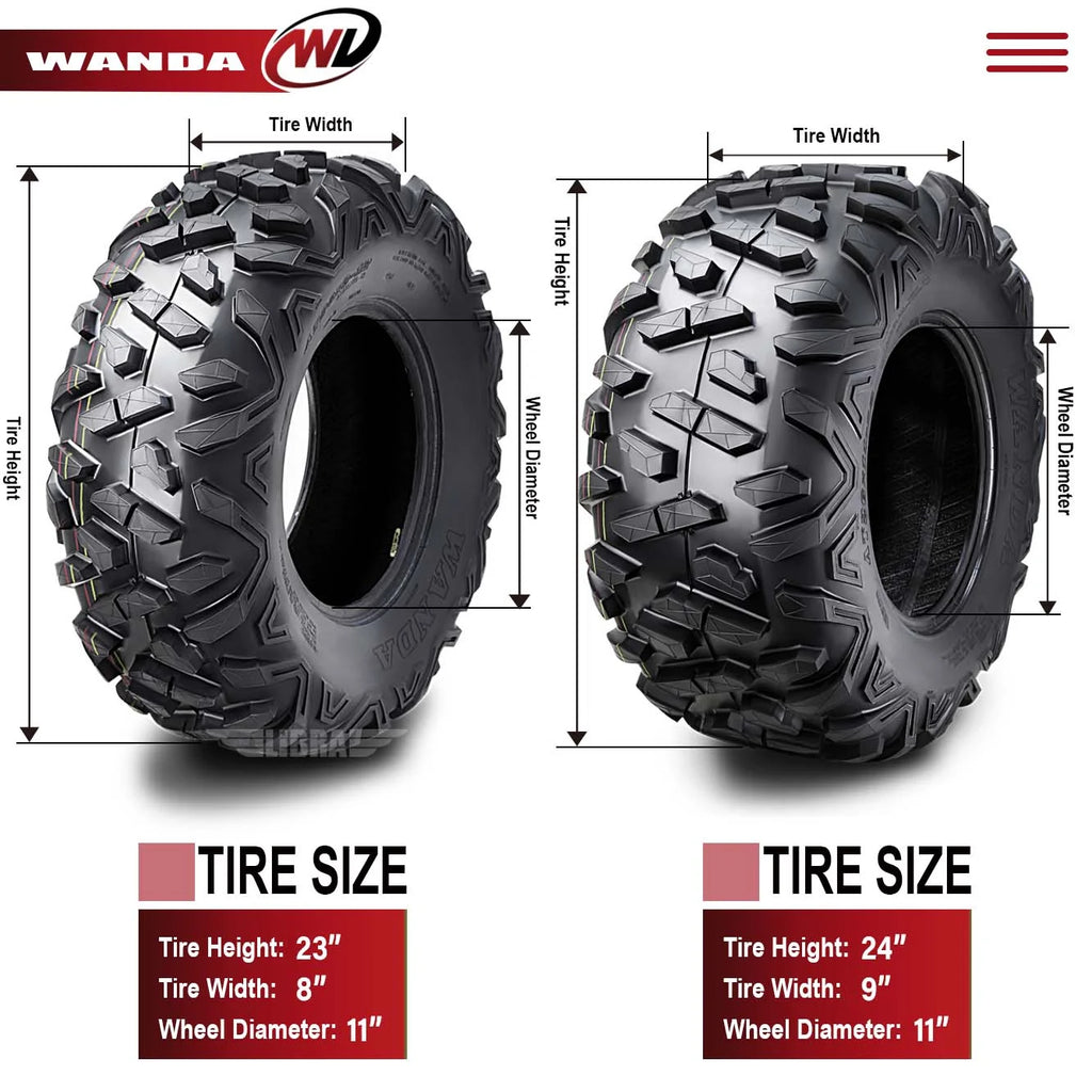 WANDA UTV ATV Tires 23x8-11 Front & 24x9-11 Rear /4PR Ultra Deep Self-cleaning Tread, Set 4