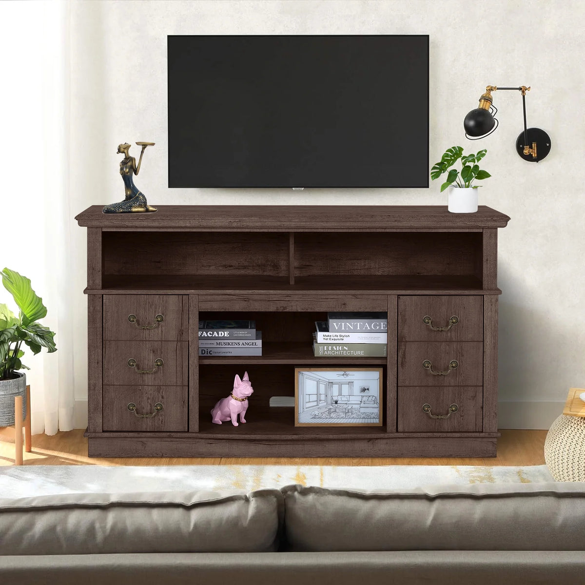 TV Stand for 65 Inch TV, Entertainment Center with Two Glass Barn Doors and Storage Cabinet Table, Farmhouse Style Media Console Table for Living Room(Coffee)