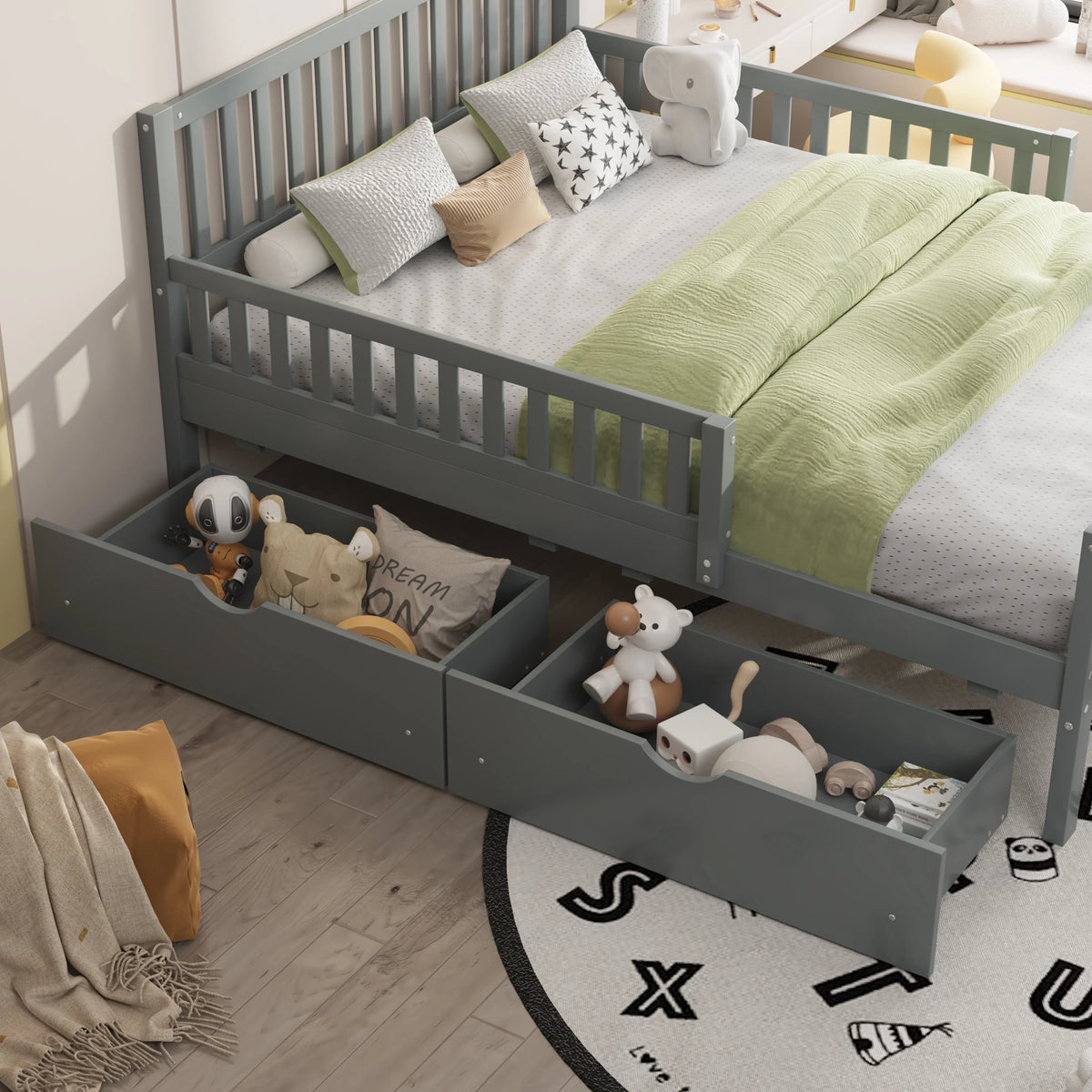 Bellemave Twin Bed with Storage Drawers and Fence Rails, Wood Platform Beds Frame with Headboard, Twin Size Storage Bed for Kids Boys Girls Teens��White)