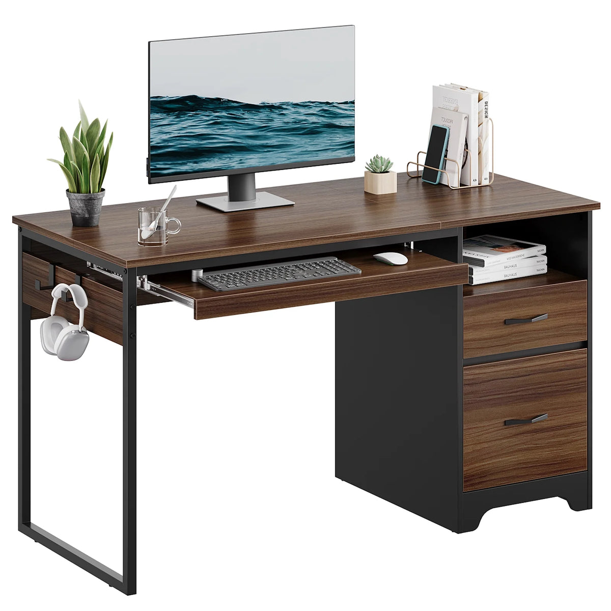Bestier 55 Inch Office Desk with Drawers, Keyboard Tray, 2 Hooks, Modern Fluted Computer Desk for Home, Grey