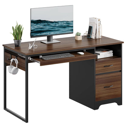 Bestier 55 Inch Office Desk with Drawers, Keyboard Tray, 2 Hooks, Modern Fluted Computer Desk for Home, Grey