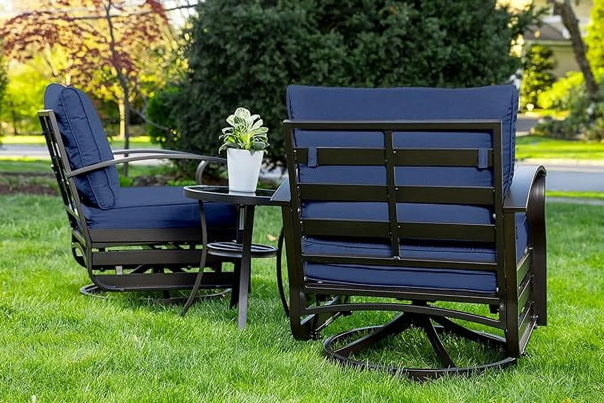 ALAULM 3 Piece Patio Outdoor Aluminum Metal Swivel Rocking Chair with 1 Coffee Table and 2 Khaki Padded Cushions Outdoor Metal Swivel Rocking Chair Furniture Conversation Set for Porch Garden