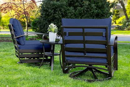 ALAULM 3 Piece Patio Outdoor Aluminum Metal Swivel Rocking Chair with 1 Coffee Table and 2 Khaki Padded Cushions Outdoor Metal Swivel Rocking Chair Furniture Conversation Set for Porch Garden