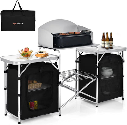 Camping Kitchen Table with Storage, Aluminum Portable Outdoor Cooking Table with Windscreen, Foldable Camp Table Cook Station for BBQ, Grill, Party, Picnics