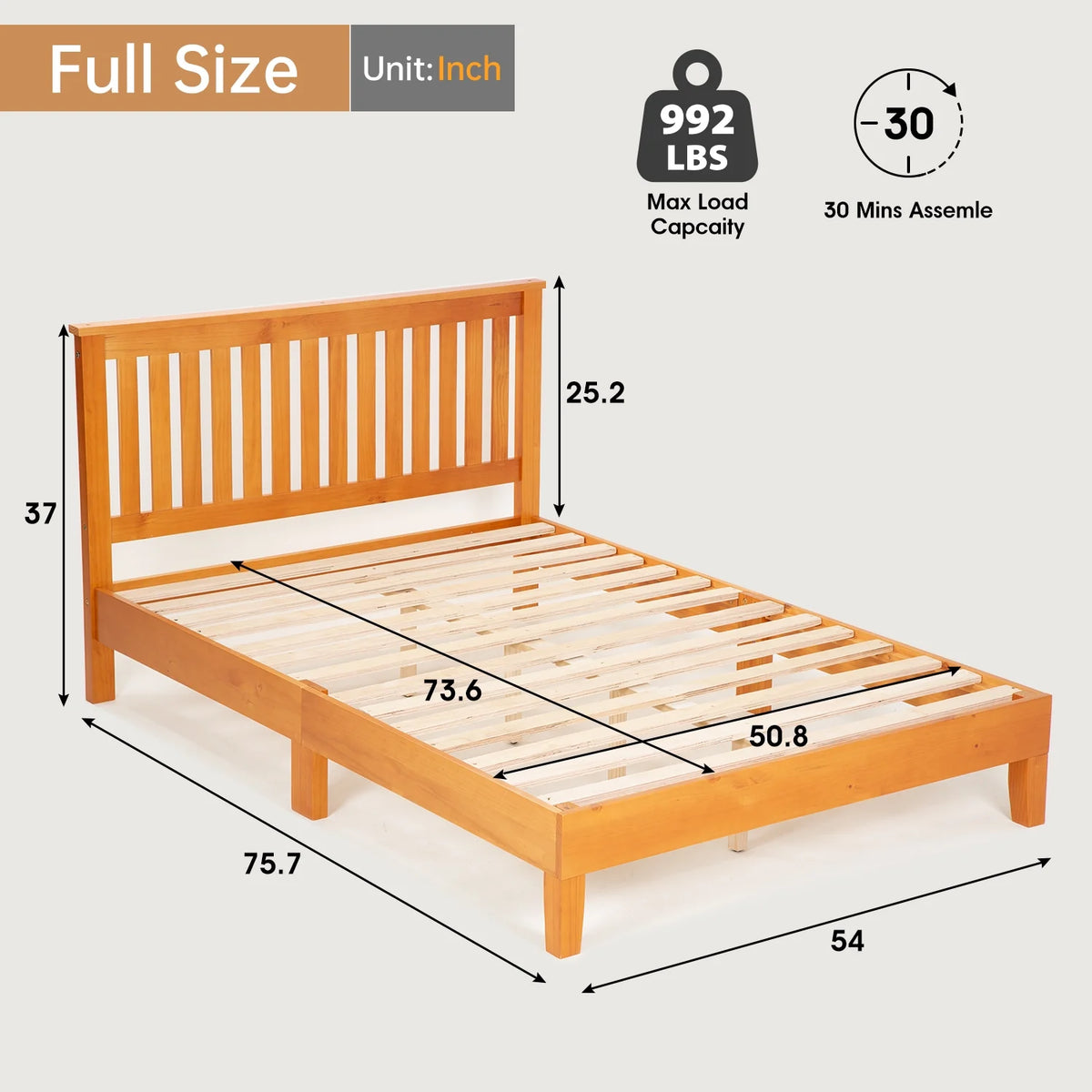 YRLLENSDAN Adult 37 Inches Bed Frames with Headboard, Twin