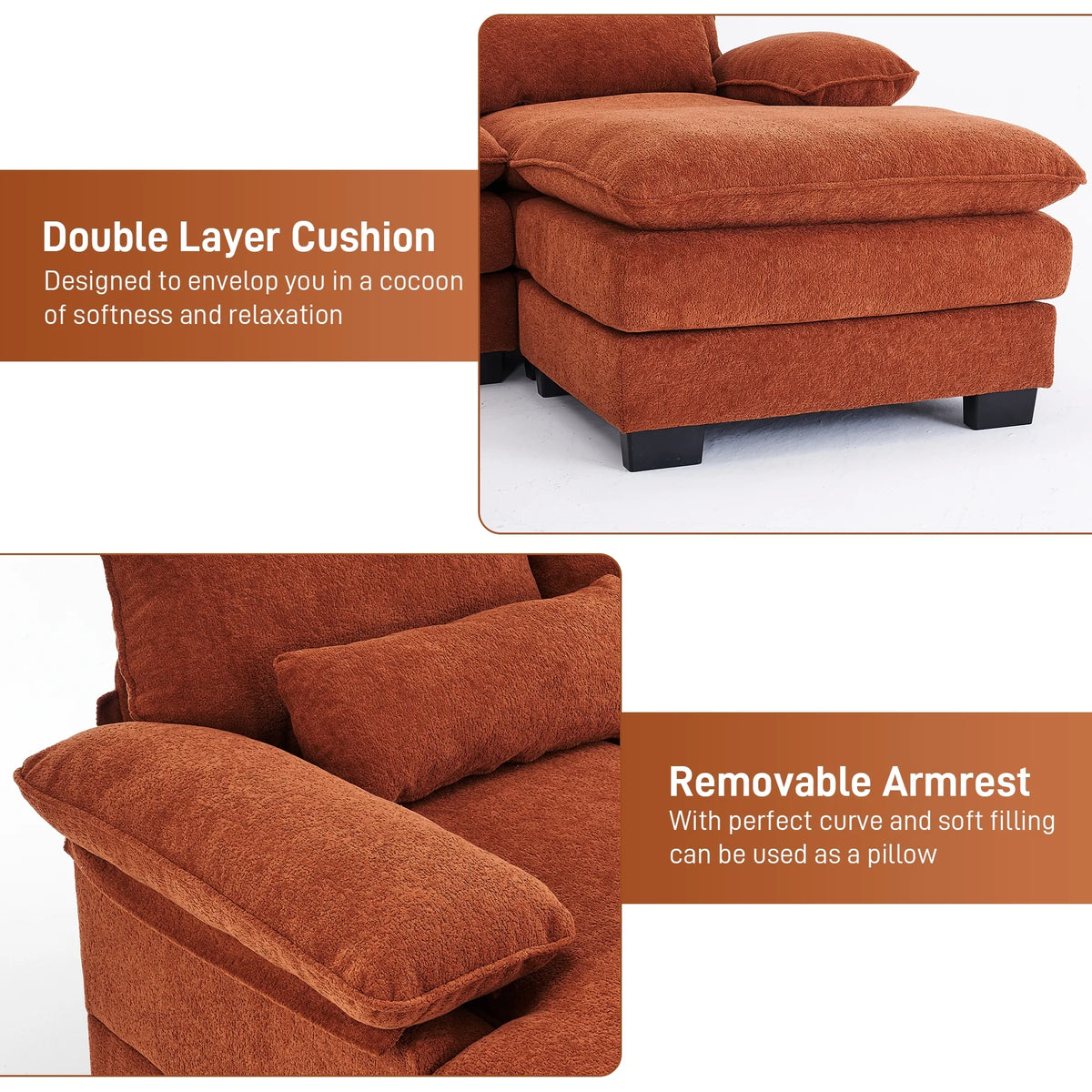 Rophefx 114.3" U Shaped Sectional Couches for Living Room,Cloud Couch,4 Seats Chenille Couch with Double Layer Cushion,Orange