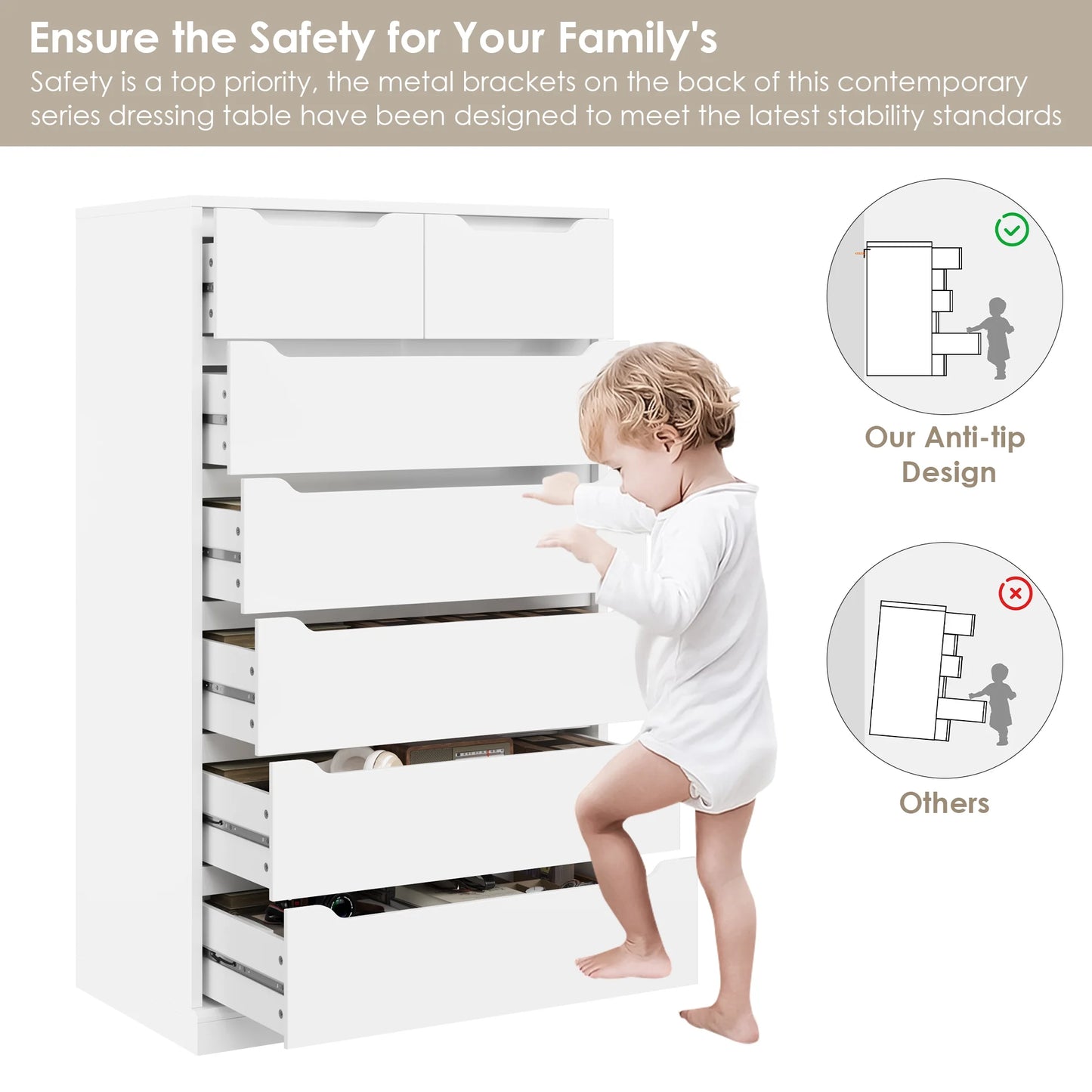 Homfa 7 Drawer White Dresser, 51.3"H Wood Storage Cabinet with Upgraded Stable Base, Vertical Chest for Bedroom Living Room
