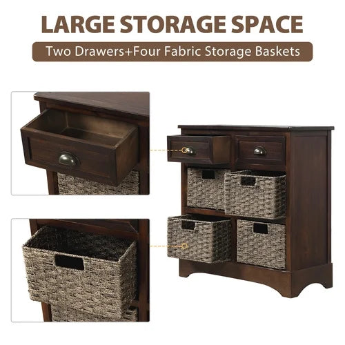 Rustic Storage Cabinet, Wood Accent Cabinet with 2 Drawers and 4 Rattan Baskets,Entryway Console Table Sofa Table for Living Room,Dining Room,White Washed