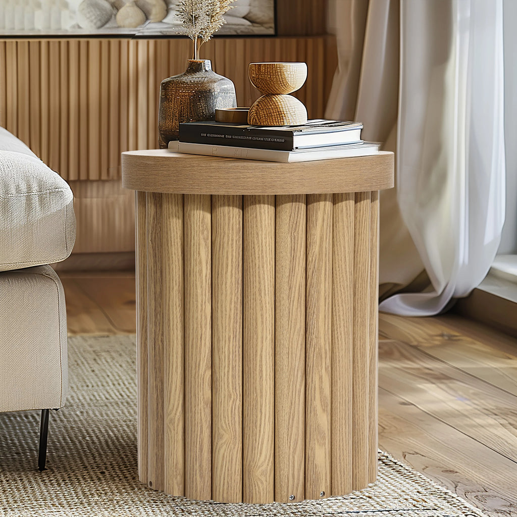 LuxenHome Wood Round Side Table, 19" Fluted End Table for Small Spaces, Mid Century Modern Wooden Accent Tables, Small Bedside Table, Couch Side Table, Nightstand for Living Room Bedroom Couch
