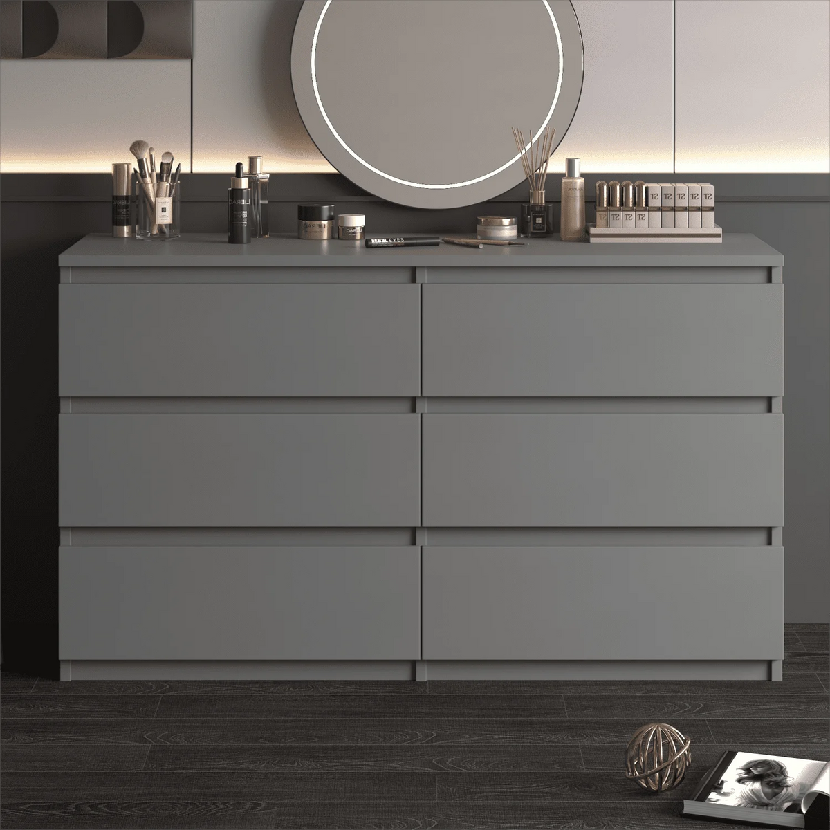 Resenkos Modern Mid Century 6 Drawer Wide Dressers Chests for Bedroom, Chest of Drawer Organizer Grey