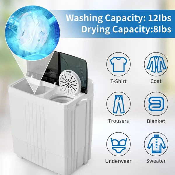 20Lb Twin Tub Washing Machine w/ Built-In Pump - Semi-Automatic 1300RPM Compact Washer for Apartment, Dorm, RV, Camping, White/Black