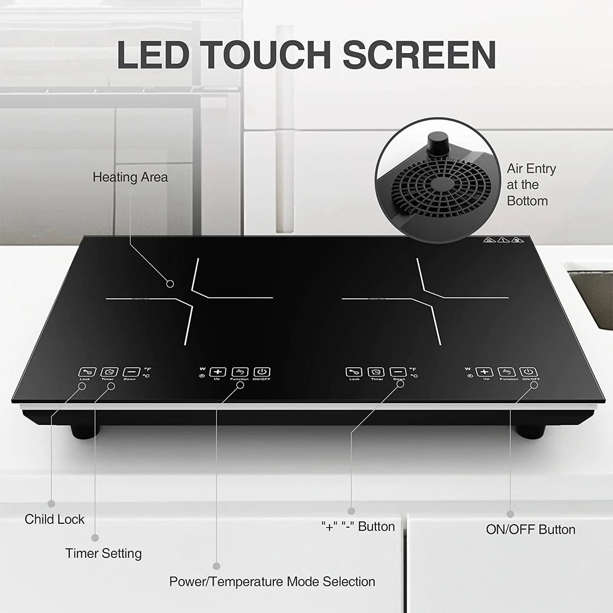 VBGK Double Induction Cooktop 24 Inch Electric Countertop 2 Burner 110V Electric Hot Plate,3H & Auto Shutdown Induction Burner,Child Lock Electric Cooktop 4000W