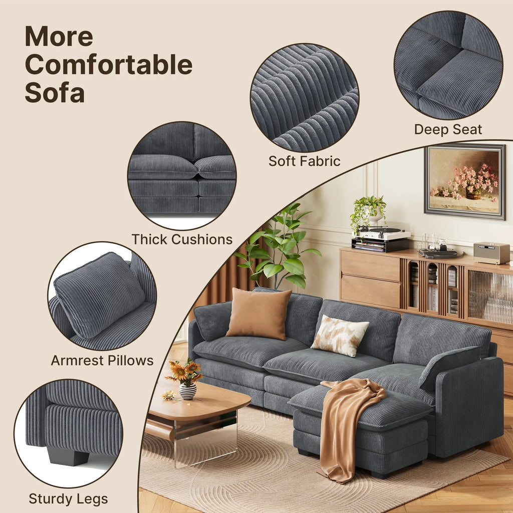 Lofka 110�� Modular Sectional Sofa Bed with Double Layer Cushions and Movable Ottoman, Modern Comfy Cloud Couch for Living Room, DIY Combination, Green