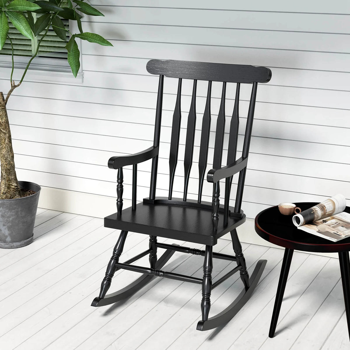 Costway Solid Wood Rocking Chair Porch Rocker Indoor Outdoor Seat Glossy Finish White