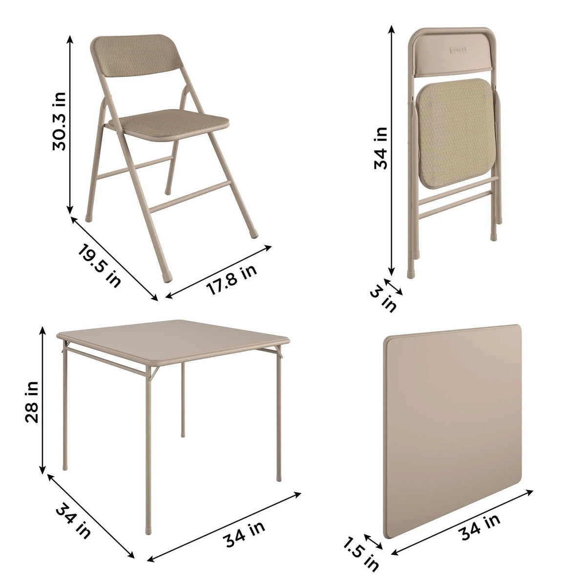 COSCO 5-Piece Folding Dining Set with Card Table and 4 Fabric Padded Chairs, Tan