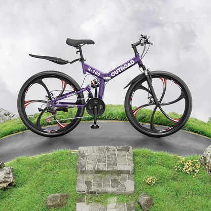 SUNCROWN 26 Inch Folding Mountain Bike, 21 Speed Full Suspension High-Carbon Steel MTB Foldable Bicycle, Dual Disc Brake Non-Slip Folding Bikes for Adults/Men/Women, Black