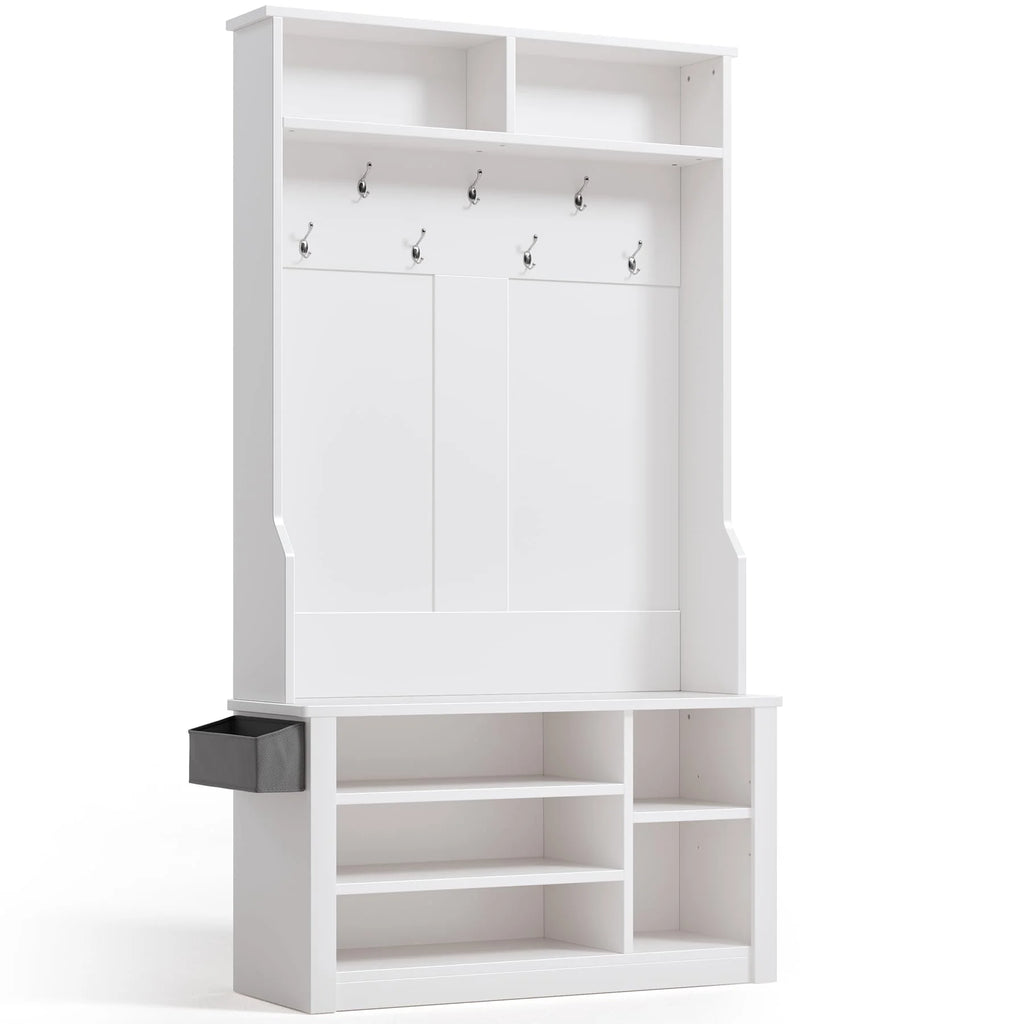 Lofka 5-in-1 Hall Tree with Bench and Shoe Storage, Entryway Hall Tree with Coat Rack, Adjustable Shoe Storage, 2-tier top storage,White