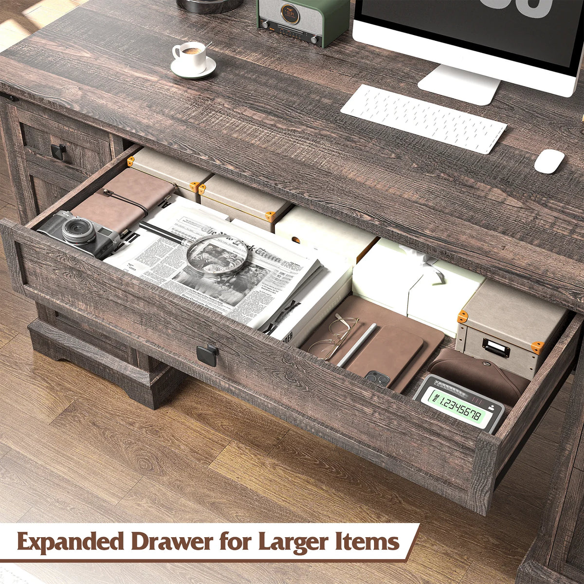 EnHomee Farmhouse Desk with Drawers, Wood Home Office Desk with Charging Station, Antique White