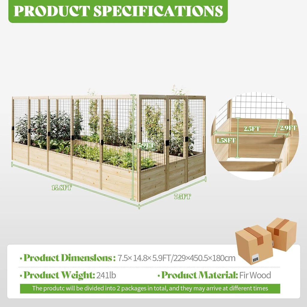 Jocisland Wooden Raised Garden Bed for Outdoor, Deep Large Planter Box with Netting for Gardening, Vegetables, Herbs��8��9��6 ft��