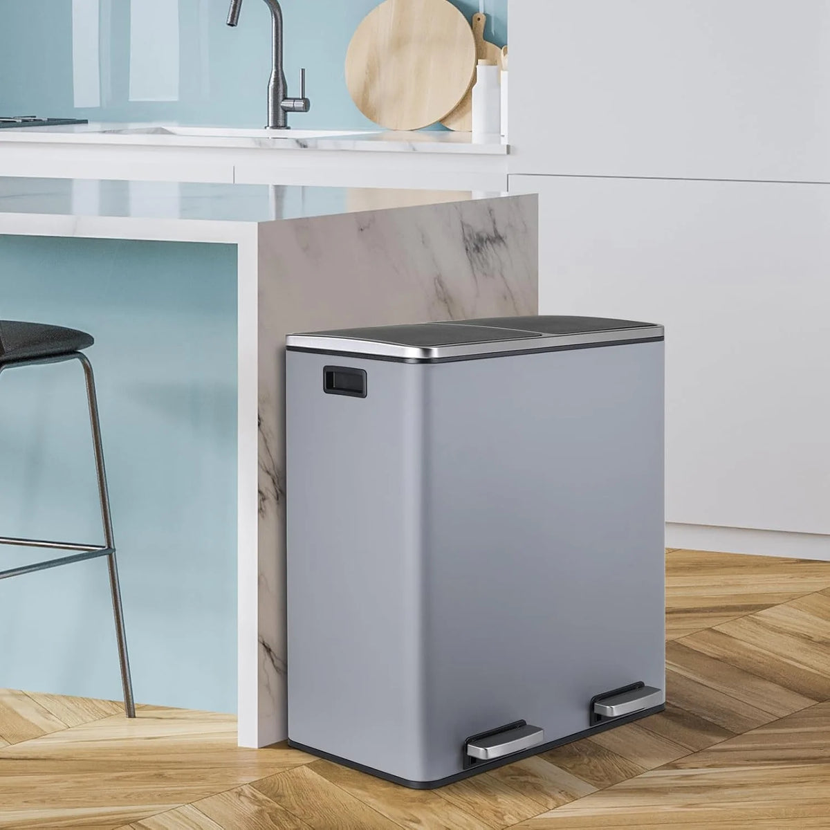 LAZY BUDDY Dual Garbage Can, Stainless Steel 16 Gallon Step Kitchen Trash Can with Soft-Close Lid, Double Compartment Garbage Recycling Bin