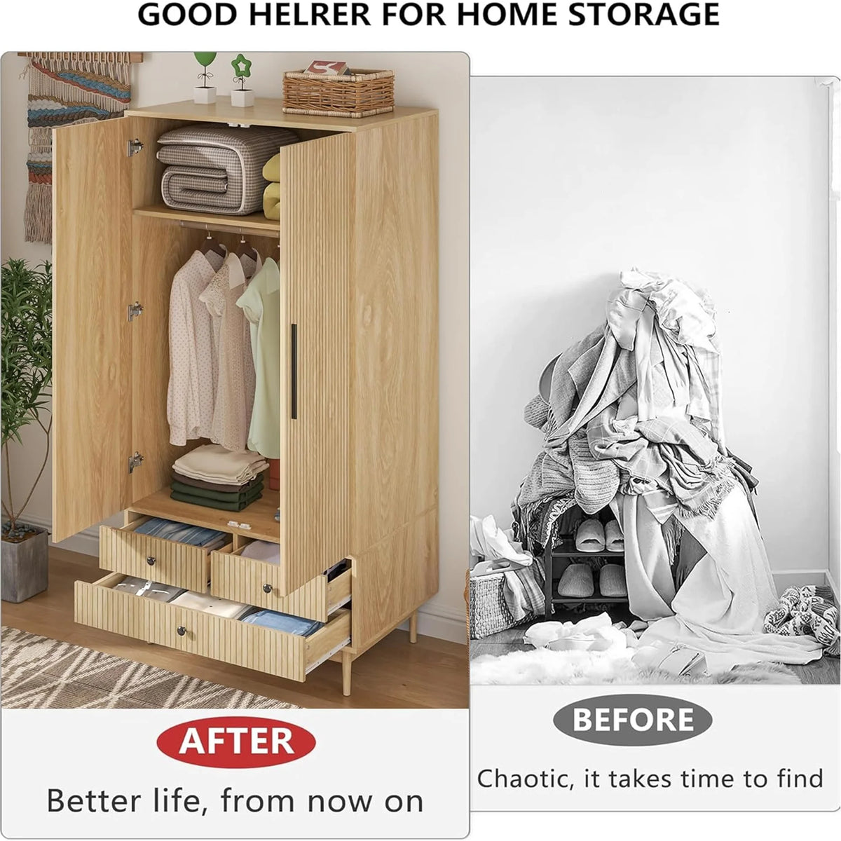 Oubayajia Wardrobe Armoire Closet, 2 Fluted Doors Wardrobe Cabinet with 3-Drawer and Hanging Rod, Wood Wardrobe Storage for Bedroom