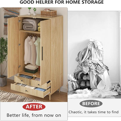 Oubayajia Wardrobe Armoire Closet, 2 Fluted Doors Wardrobe Cabinet with 3-Drawer and Hanging Rod, Wood Wardrobe Storage for Bedroom
