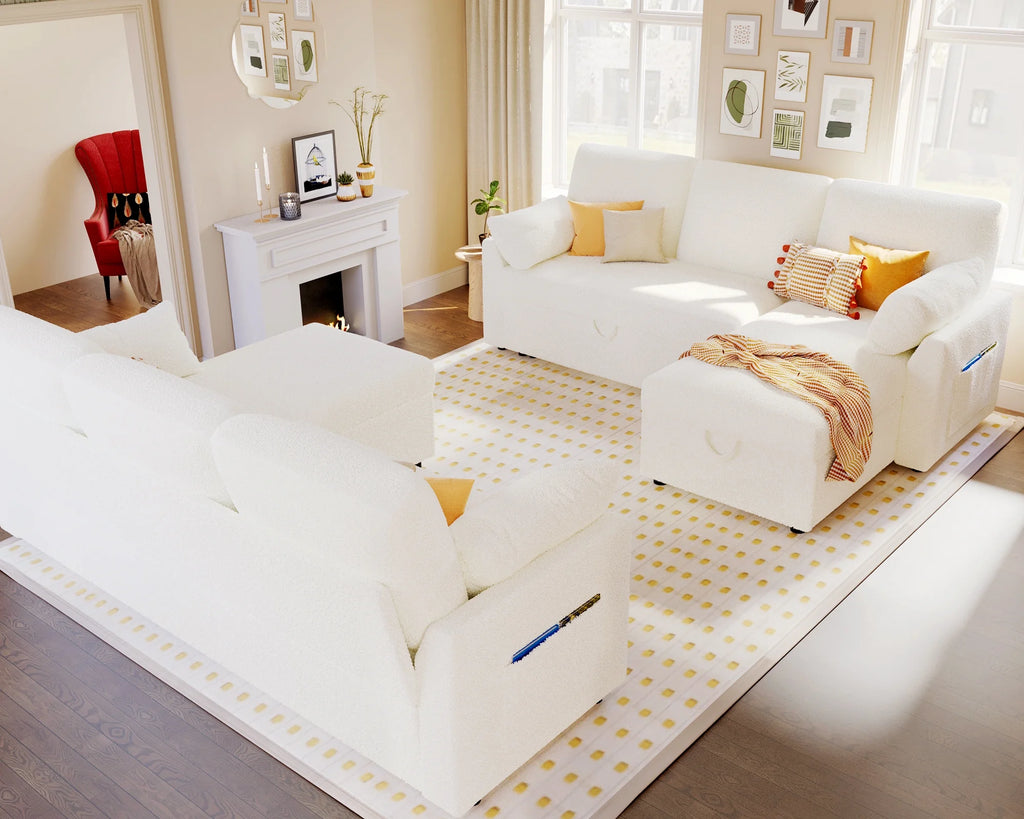 VANACC Sofa Bed, Convertible Sleeper Sofa-2 in 1 Pull Out Couch Bed, L Shape Sofa with Storage Chaise, White Boucle Couch for Indoor