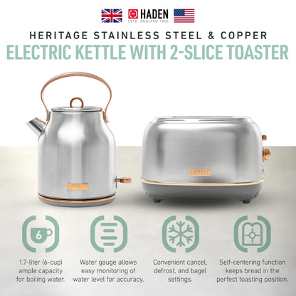 Haden Heritage 1.7 Liter Electric Kettle with 2 Slice Bread Toaster, White
