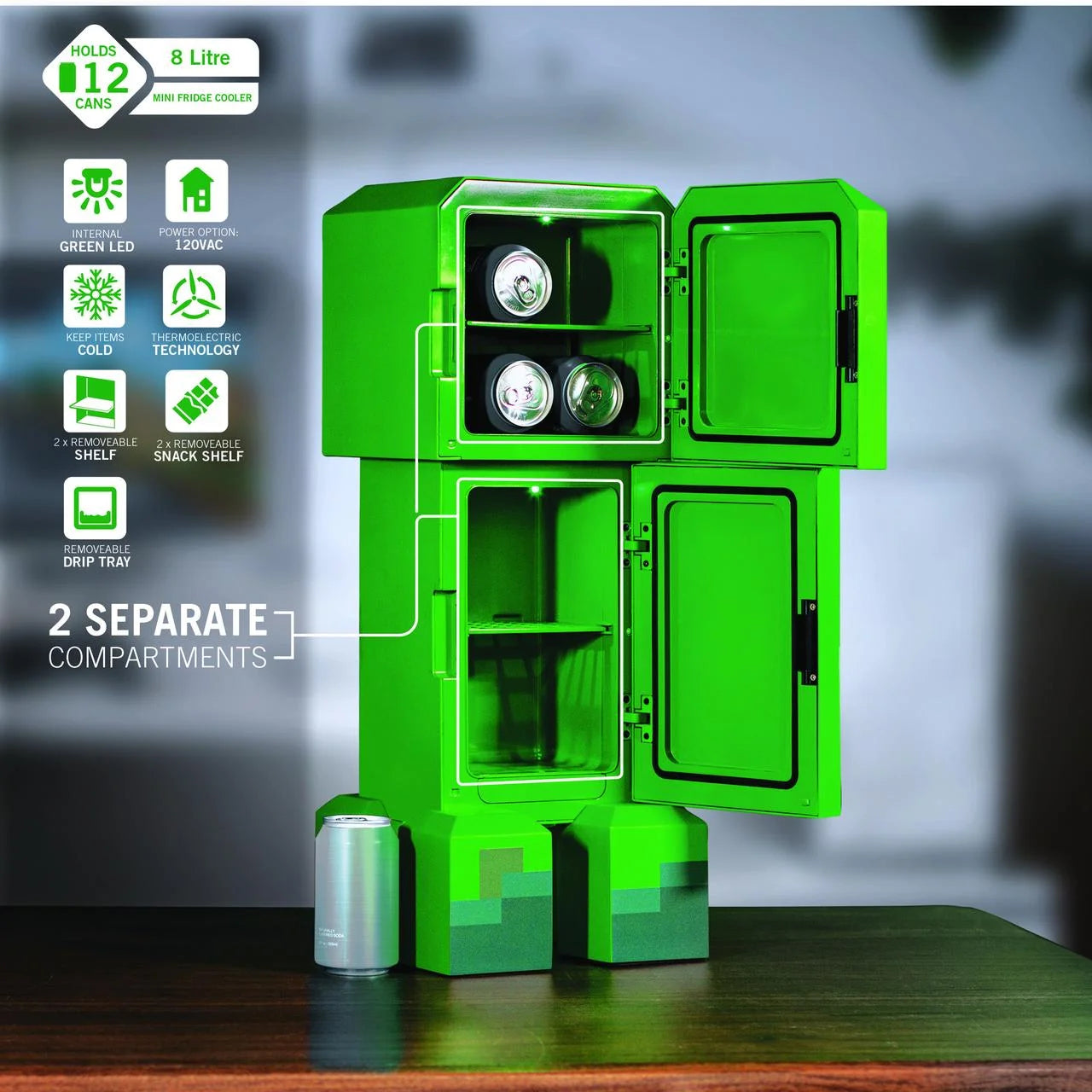 Minecraft Creeper Mini Fridge 2 Door, 8L, Green, 25.2" H 9.5" W 9.1" D