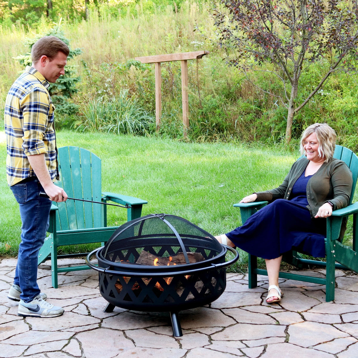Sunnydaze Outdoor Camping or Backyard Round Crossweave Cut Out Fire Pit with Spark Screen, Log Poker, and Cover - 36"