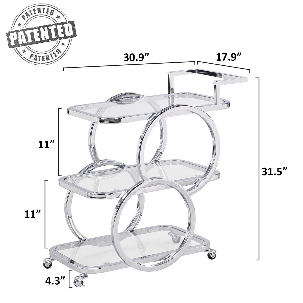 Home Bar Serving Carts 3 Tier Kitchen Carts on Wheels Mobile Bar Carts for Home Kitchen Dining Room Living Room Party, Chrome