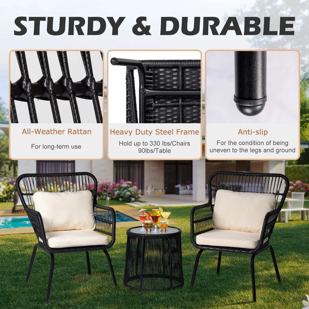 Tappio 3-Piece Patio Conversation Bistro Set Rattan Furniture, Outdoor Patio Set w/Glass Top Table & Cushions for Garden Balcony Backyard Poolside, Yellow/Beige
