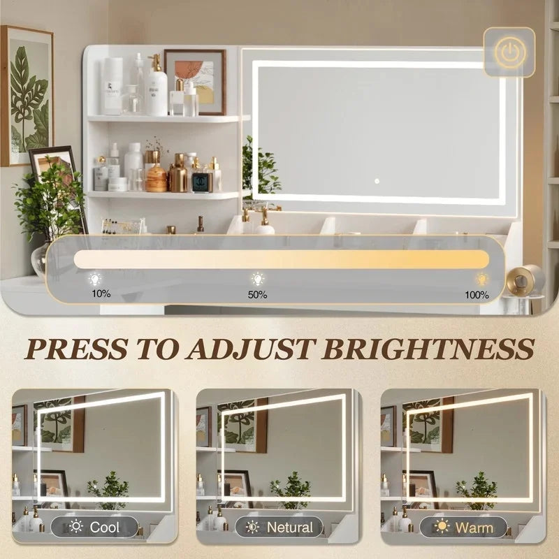 Furmax L Shaped Vanity Desk Set Corner Makeup Vanity Set with Adjustable LED Lighted Mirror & Power Outlets Dressing Table with Organizers, and Cushioned Stool, White