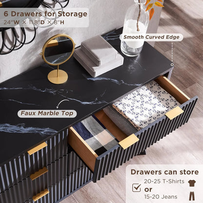 OKD 6 Drawer Dresser for Bedroom with Faux Marble Top, Modern Wood Chest of Drawers, Dresser Organizer, Natural Oak