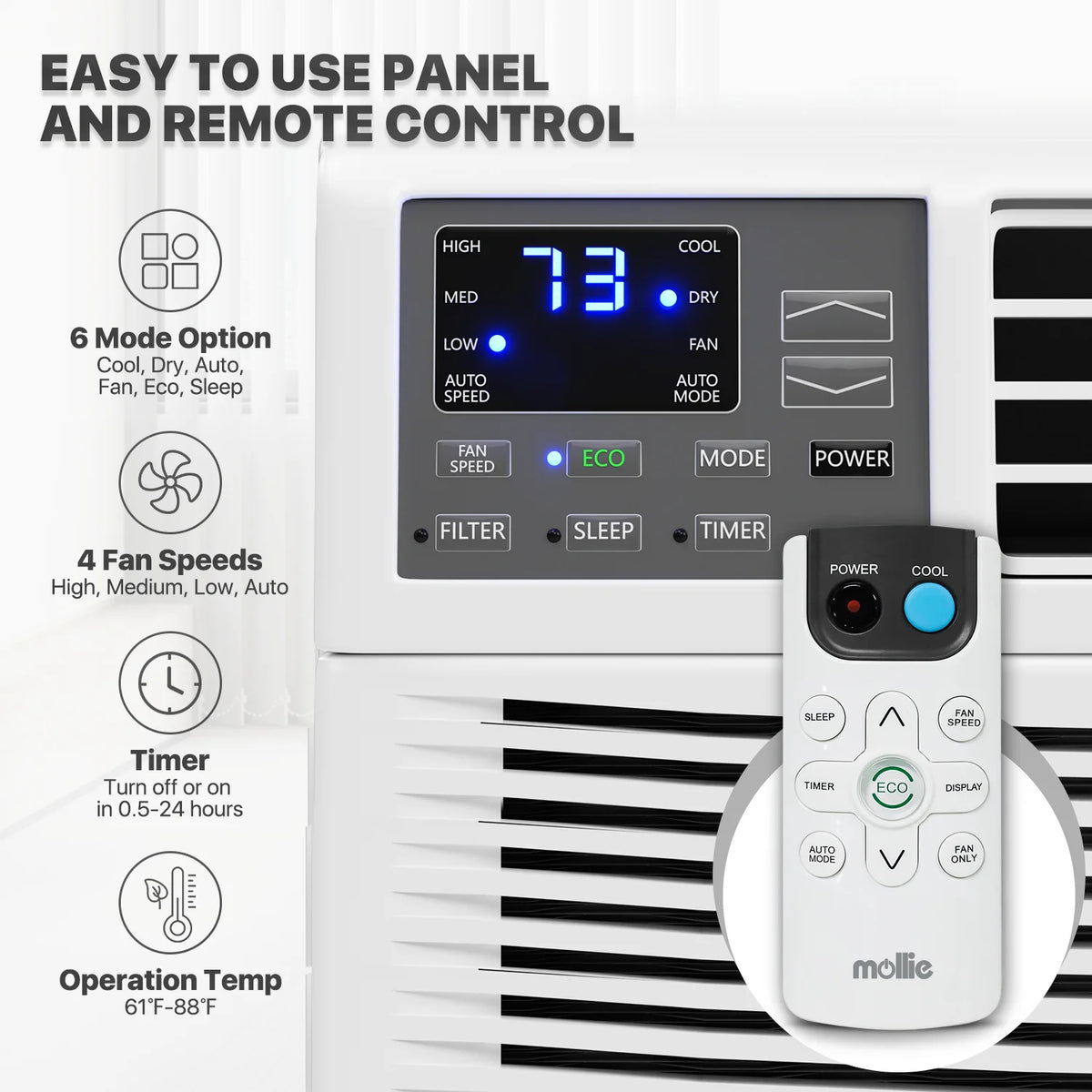 mollie 12,000 BTU 115V Window Air Conditioner, Cools Rooms up to 450 Sq.Ft., Window AC Unit with Remote Control, 24H-Timer and 3 Fan Speeds, White