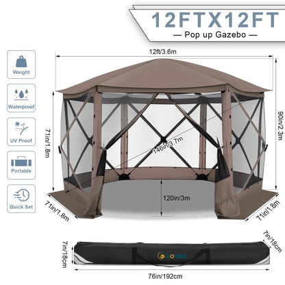 HOTEEL 12x12 Portable Pop-Up Outdoor Camping Gazebo, Screen Tent with Mosquito Nettings, Waterproof, UV, Bite Proof, Removable top Glamping Canopy with Carry Bag, Gray
