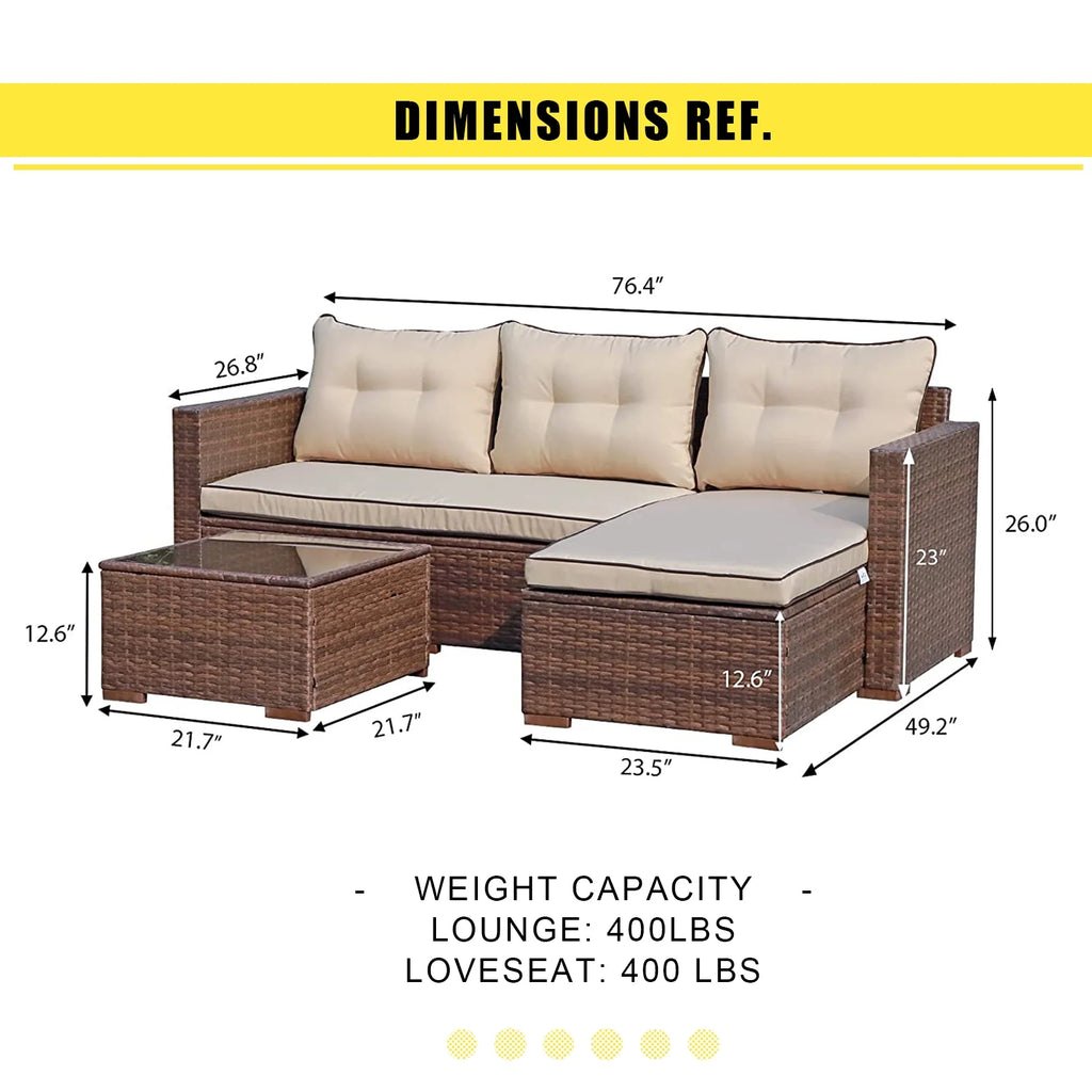 3 Piece Patio Furniture Sets,  Outdoor All-Weather Wicker Sectional Sofa Set, Beige