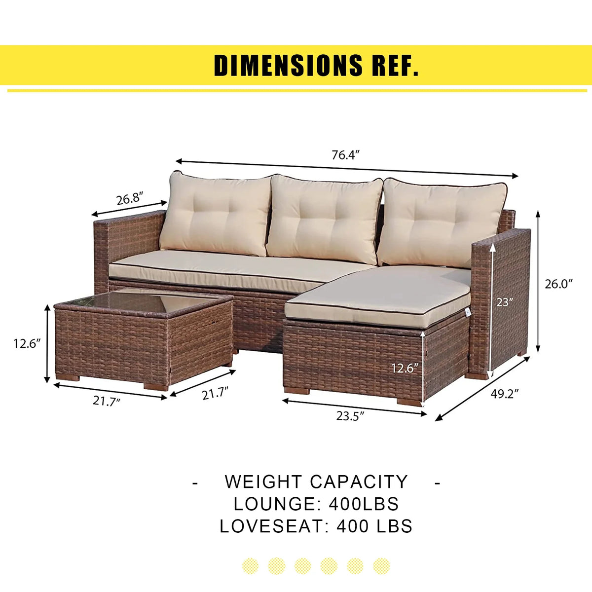 3 Piece Patio Furniture Sets,  Outdoor All-Weather Wicker Sectional Sofa Set, Beige