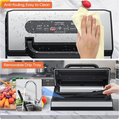 Upgraded Vacuum Sealer for Liquid, 90Kpa Vacuum Sealer Machine for Dry/Moist/Liquid Food, Easy-Lock Handle, Double Heat Seal, Built-in Cutter and Bag Storage & Removable Drip Tray