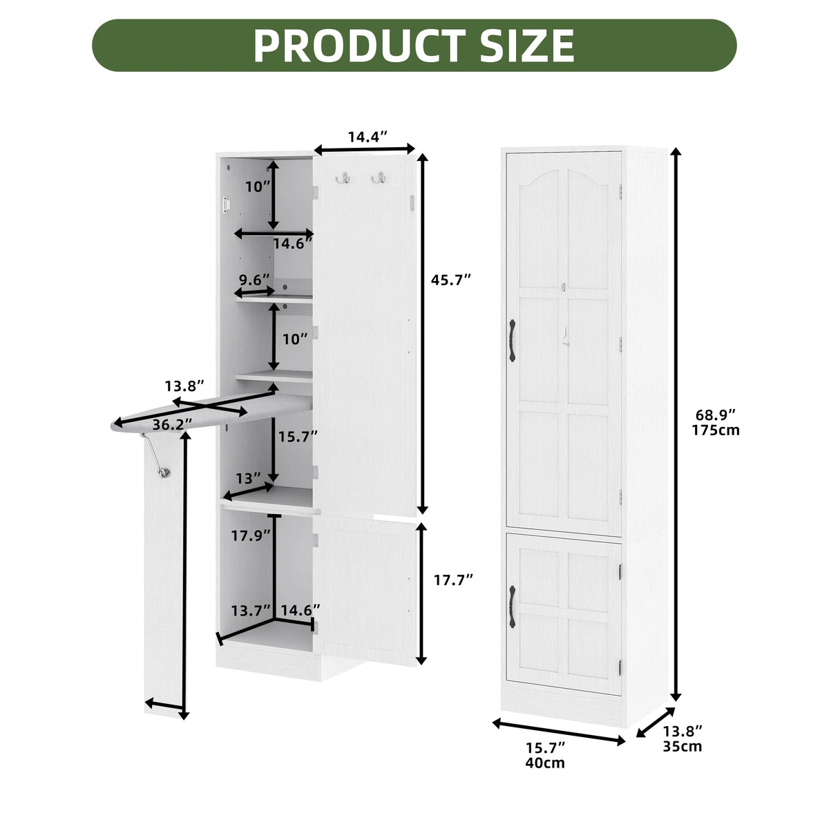 Uforic Ironing Board with Storage Cabinet, Ironing Board Cabinet, Foldable Ironing Board with Support Leg, White