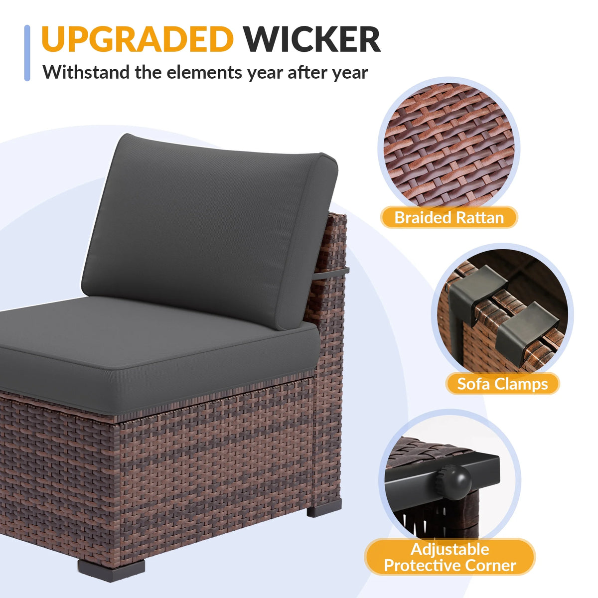 ELPOSUN 7 Pieces Patio Furniture Set, Outdoor Furniture Sectional Rattan Sofa for Backyard Garden Dark Grey
