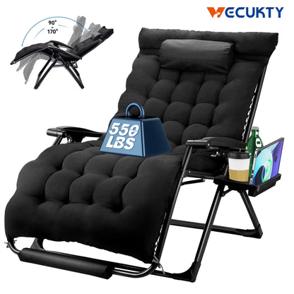VECUKTY XXL Oversize Zero Gravity Chair - 500lb Capacity, 33-Inch Wide Padded Seat, Folding Travel Recliner for Outdoor / Indoor Use - Patio, Lawn, Black, Portable and Heavy Duty