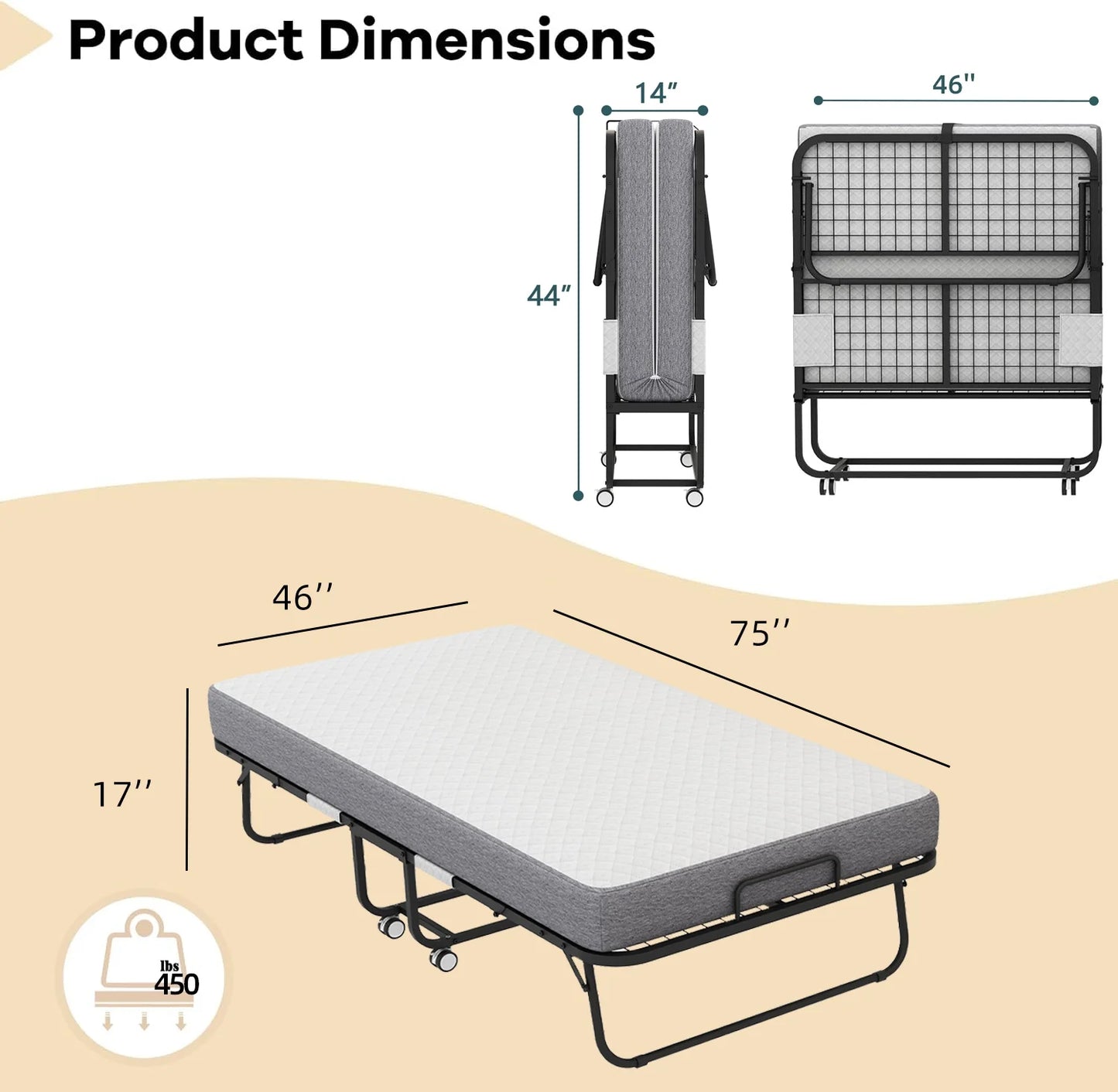 Full Size Folded Bed with Mattress, 75" x 54" Folding Bed, Twin Bed, Rollaway Bed Guest Bed for Adults with Sturdy Frame