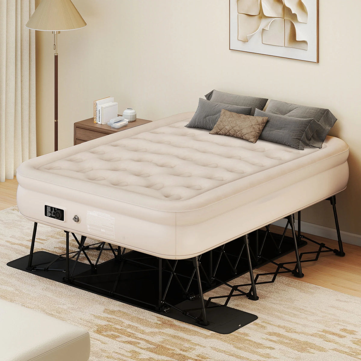 Dextrus Inflatable Queen Air Mattress with Built-in Pump, Frame, Velvet Surface & Portable Storage Case, Khaki