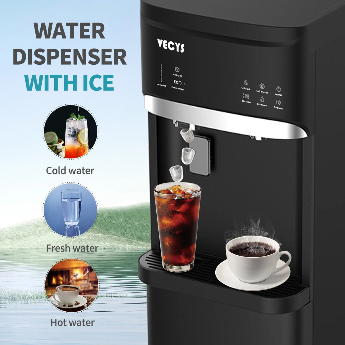VECYS 5 gal Water Dispenser with Ice Maker, Self-clean & Child Lock
