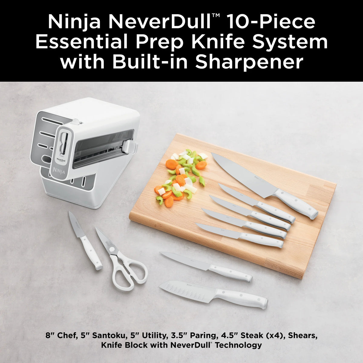 Ninja Foodi NeverDull 10-Piece Stainless Steel Essential Knife System with Sharpener, K12010 Black/Gray