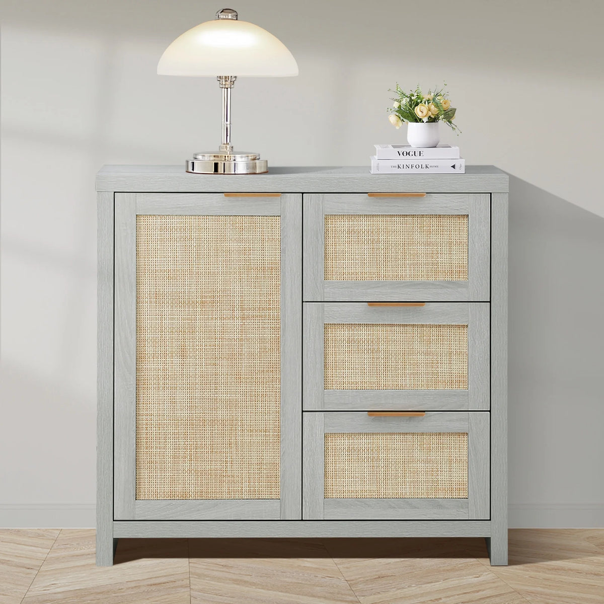 ARKANTOS Sideboards and Buffets, Boho Storage Cabinets with Rattan Doors and Drawers, Natural Oak