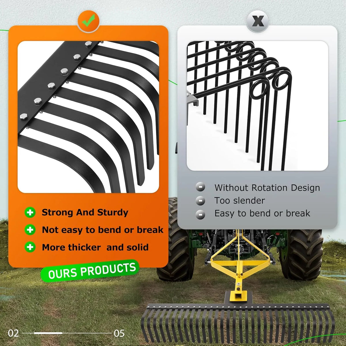 KOJEM 60In Landscape Rake 3 Point Rake 360 Degree Rotation Compatible with Category 1 Cat1 Compact Tractors Tow-Behind Garden Tool for Garden Farm Clearing Brush Raking Arenas 2 Package Yellow