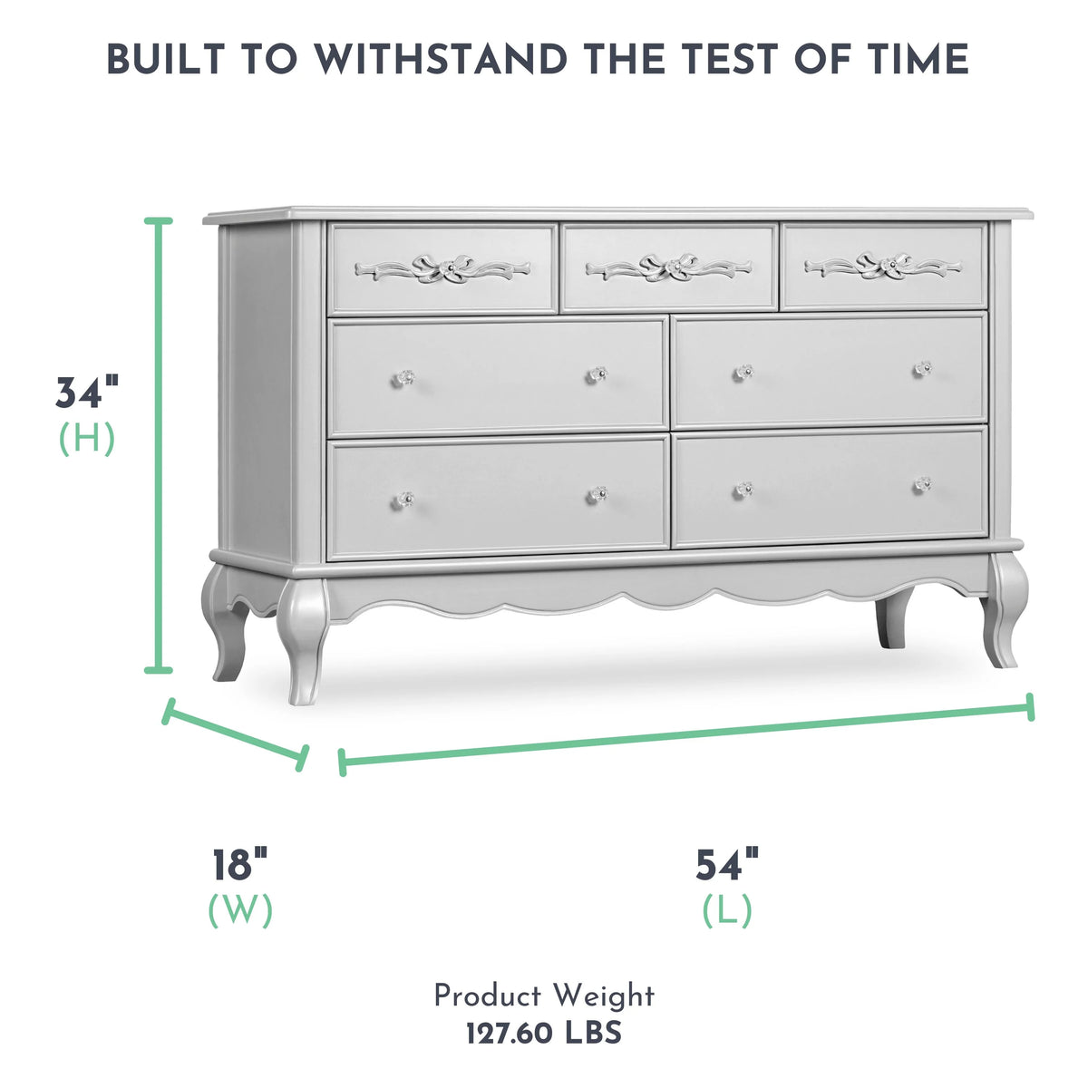 Evolur Aurora 7-Drawer Double Dresser in Ivory Lace, Spacious Drawers